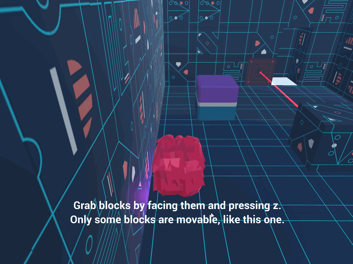 a gif of a 3D game with a character moving around blue cubes.