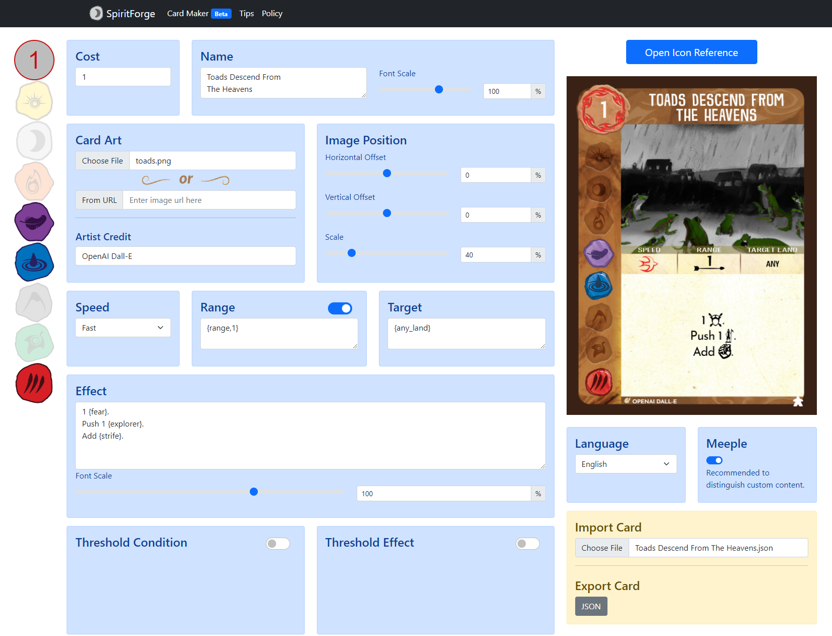An image of a web interface for Spirit Island card creation.