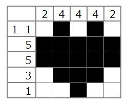 An image of a solved nonogram puzzle in the shape of a heart.